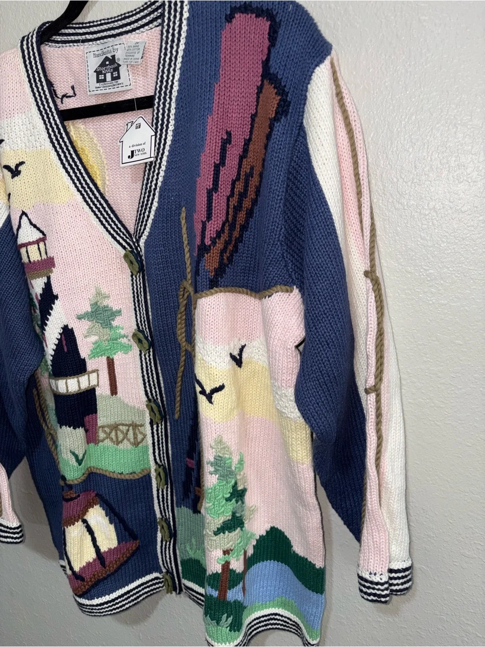Storybook Knits Coastal Lighthouse Button-Front Cardigan - Blue, Pink & Cream